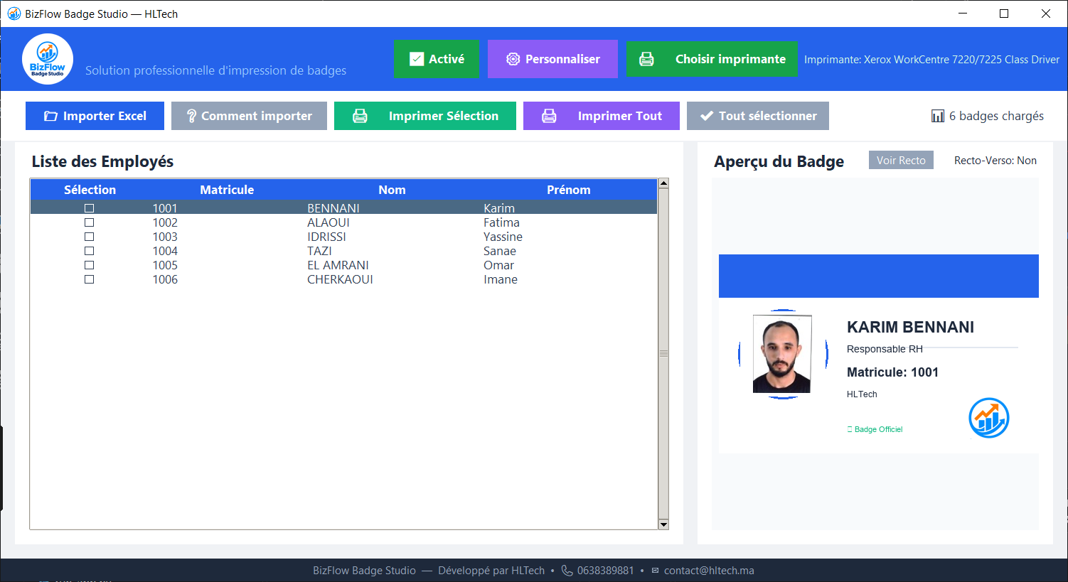 Liste des employés et aperçu du badge dans BizFlow Badge Studio